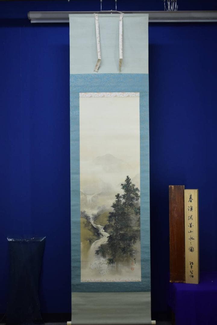 真作/奥谷秋石/春景山水図/桐共箱二重箱/布袋屋掛軸HF-792