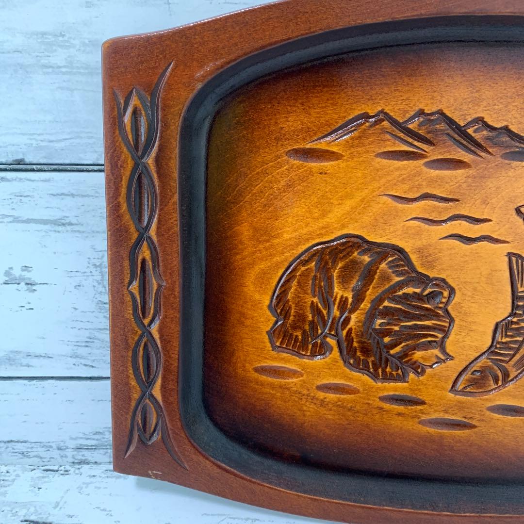 木彫 お盆 北海道 熊 鮭 民芸品