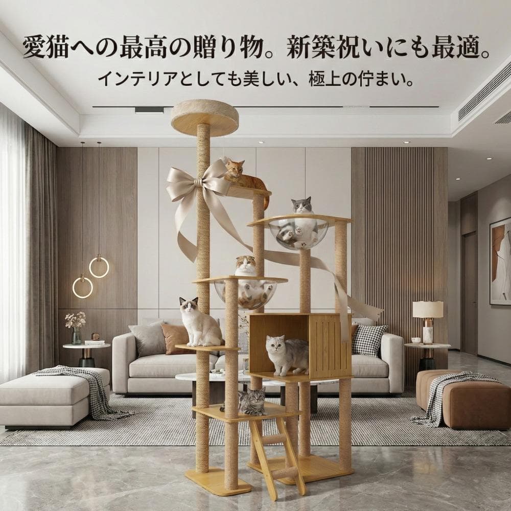 キャットタワー木製据え置き透明宇宙船2個肉球多頭飼いおしゃれ爪とぎ175cm