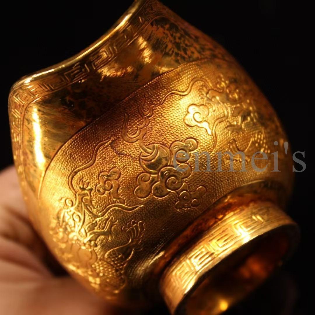 中国古美術・珍蔵純銅製・鎏金龍彫酒杯・細密彫・純手作り・文房具・賞物・酒器・酒具