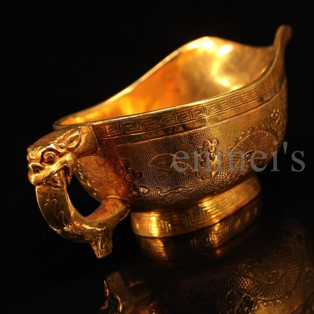 中国古美術・珍蔵純銅製・鎏金龍彫酒杯・細密彫・純手作り・文房具・賞物・酒器・酒具