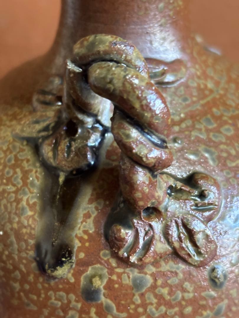 やまちゃん河井寛次郎作柿緑釉蔦捻双耳瓶　一点物　森の春のはじまり