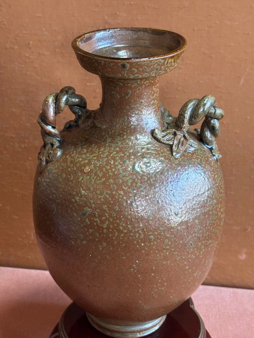 やまちゃん河井寛次郎作柿緑釉蔦捻双耳瓶　一点物　森の春のはじまり