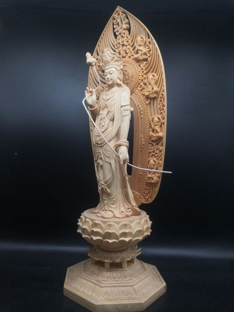 【修縁堂】仏像 阿弥陀三尊 日光菩薩 観音菩薩 八角蓮華丸台座 木彫り 無病息災