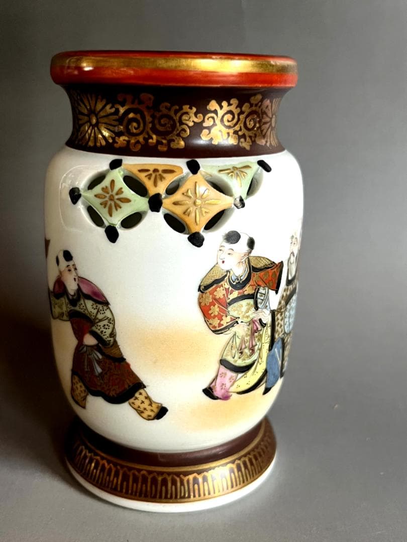 筆立■古九谷焼 透かし物絵筆立 書道道具 唐人 行事 古美術 時代物 骨董品■