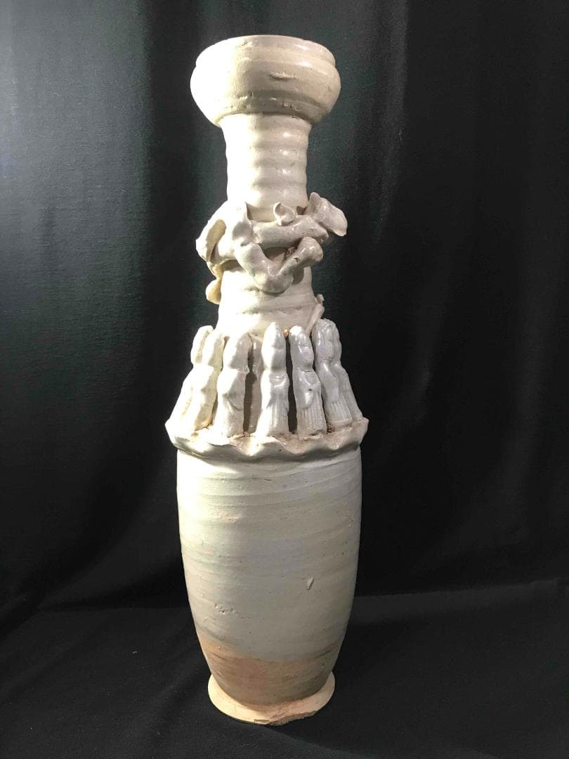 漢時代　白磁貼塑人佣龍文魂大瓶　花瓶　唐物　古賞物　時代物(D-42)