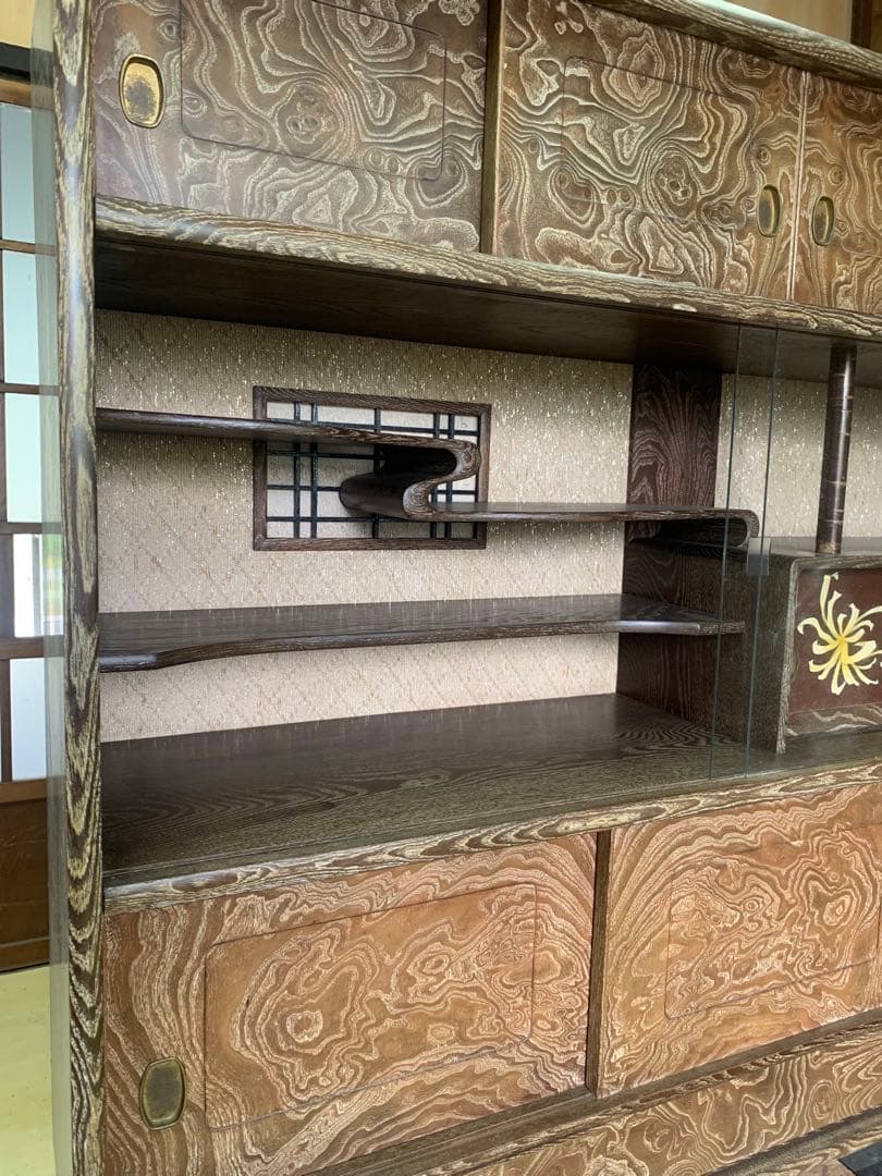 しい木目の昭和レトロ茶箪笥　和家具　木製　一体型