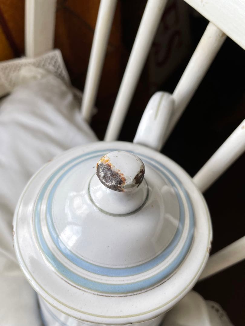 Kアンティーク　ホーロー　ポット　エトワール社　ライトブルー　ホワイト