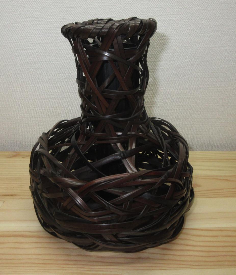 送料込【逢絢亭】茶道具 花籠 鶴首籠 染竹 竹製の入子 木製 作家物 紙箱入り