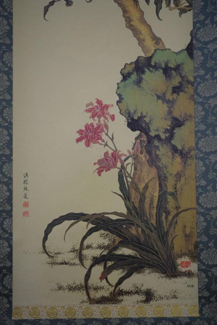 複製/熊代熊斐/桃樹山鵲図/工芸/布袋屋掛軸HF-464