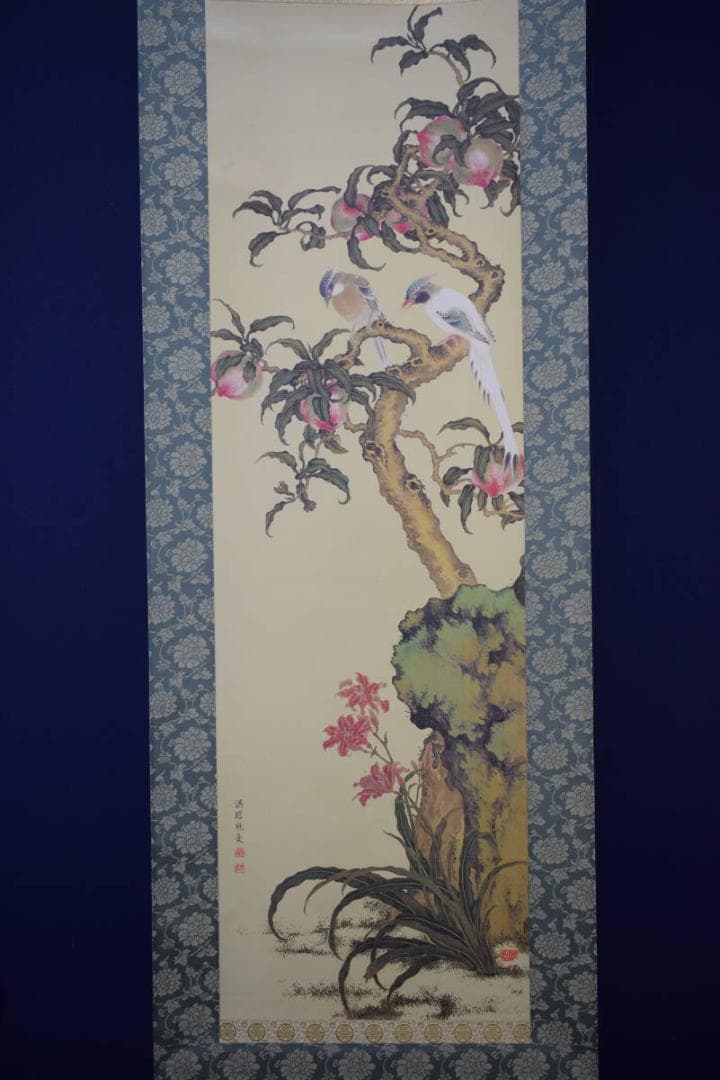 複製/熊代熊斐/桃樹山鵲図/工芸/布袋屋掛軸HF-464