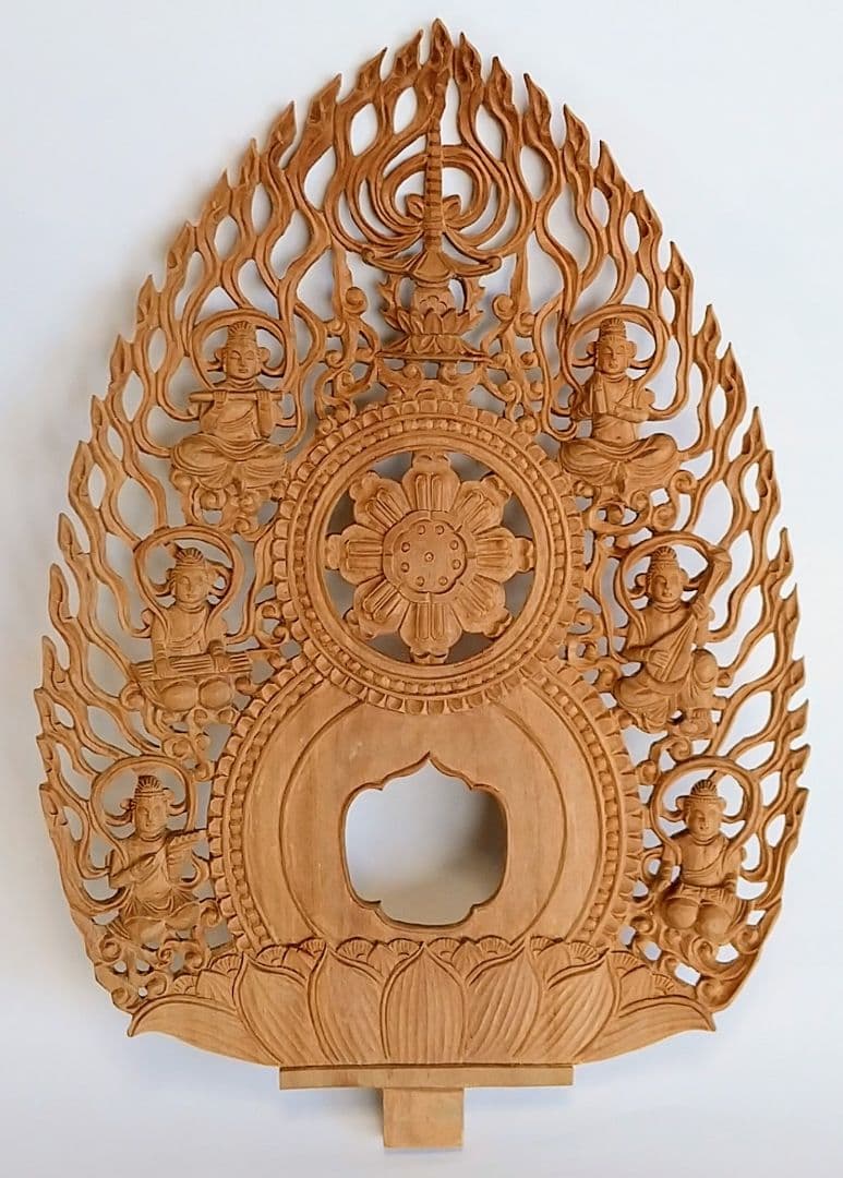 光背(2.5寸坐像用)#433 透し彫 奏楽飛天 宝塔 ◆白檀 木彫 仏像付属品