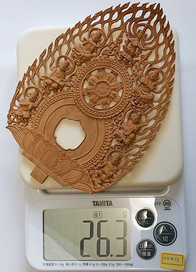 光背(2.5寸坐像用)#433 透し彫 奏楽飛天 宝塔 ◆白檀 木彫 仏像付属品