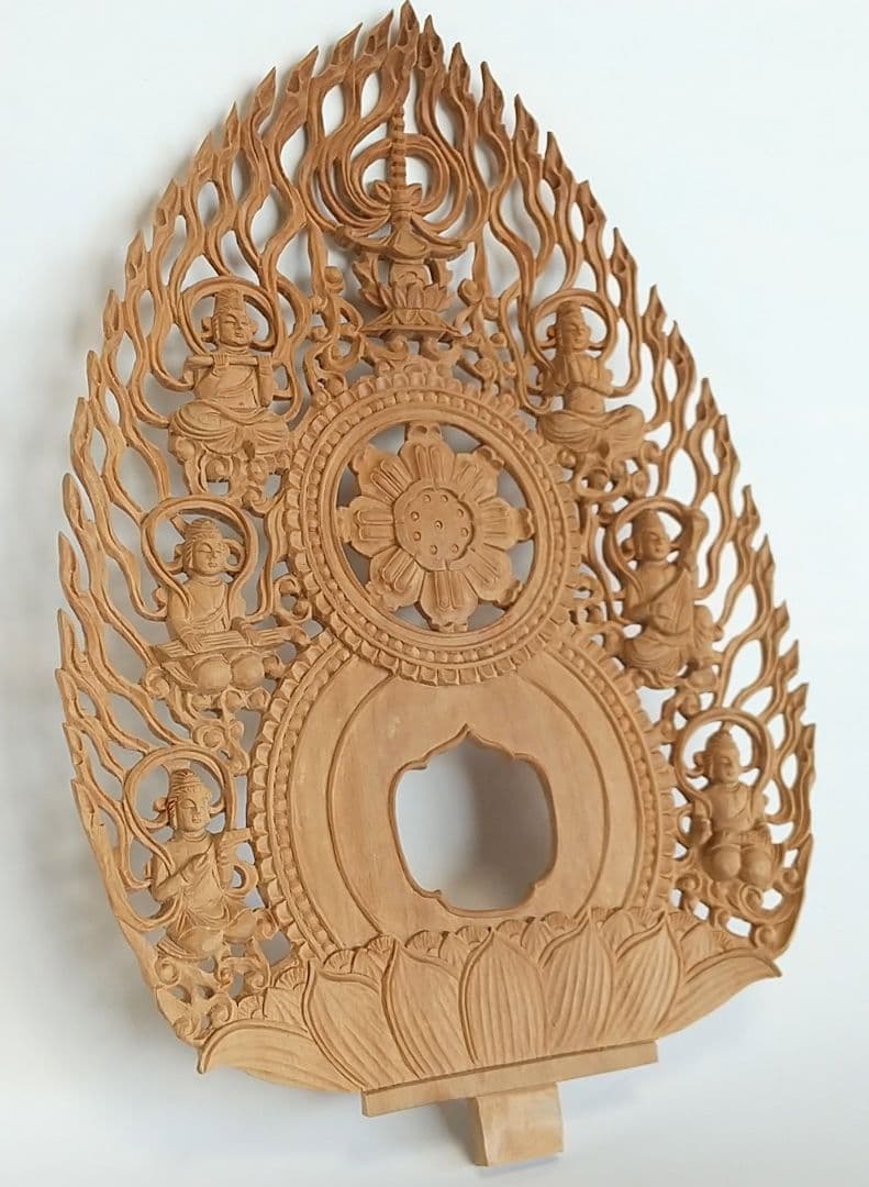 光背(2.5寸坐像用)#433 透し彫 奏楽飛天 宝塔 ◆白檀 木彫 仏像付属品