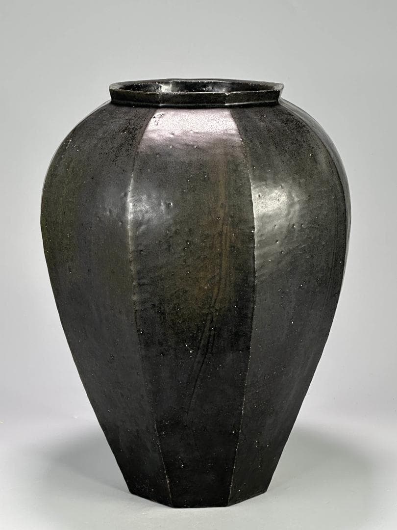 日本美術　矢野直人　黒唐津　花生　面取壺　美品　共箱　共布　本物保証