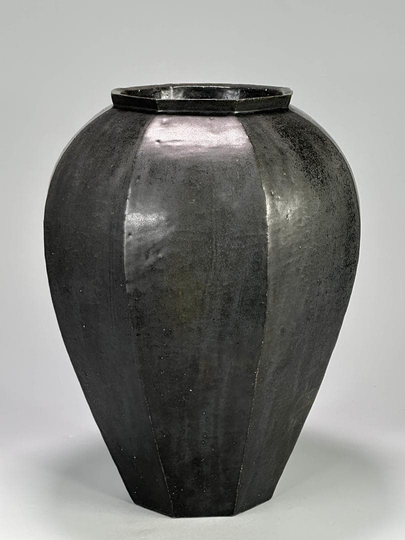 日本美術　矢野直人　黒唐津　花生　面取壺　美品　共箱　共布　本物保証