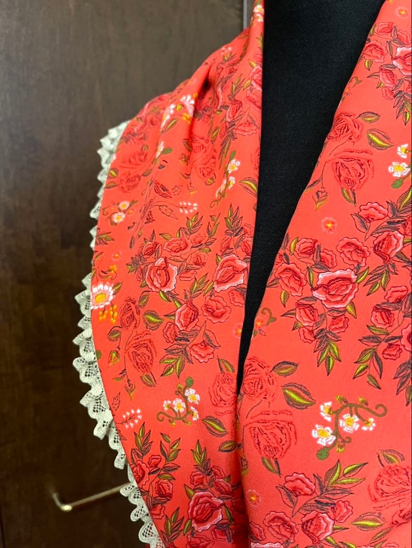 フラメンコ エプロン ロング丈 コーラルオレンジ花柄