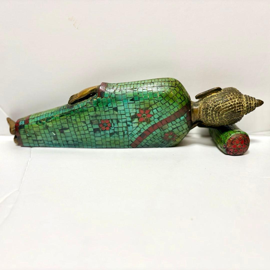 チベット仏教のブロンズ銅製眠る仏陀釈迦牟尼釈迦牟尼如来像グリーンターコイズス涅槃