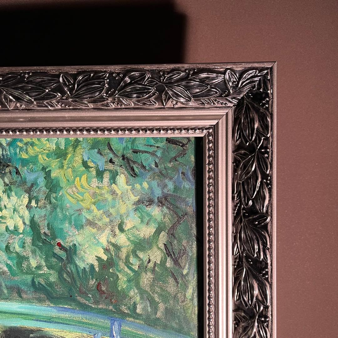 ★秀作★ 手書き油絵 クロード・モネ 睡蓮 日本の橋 額付 肉筆絵画 油彩画