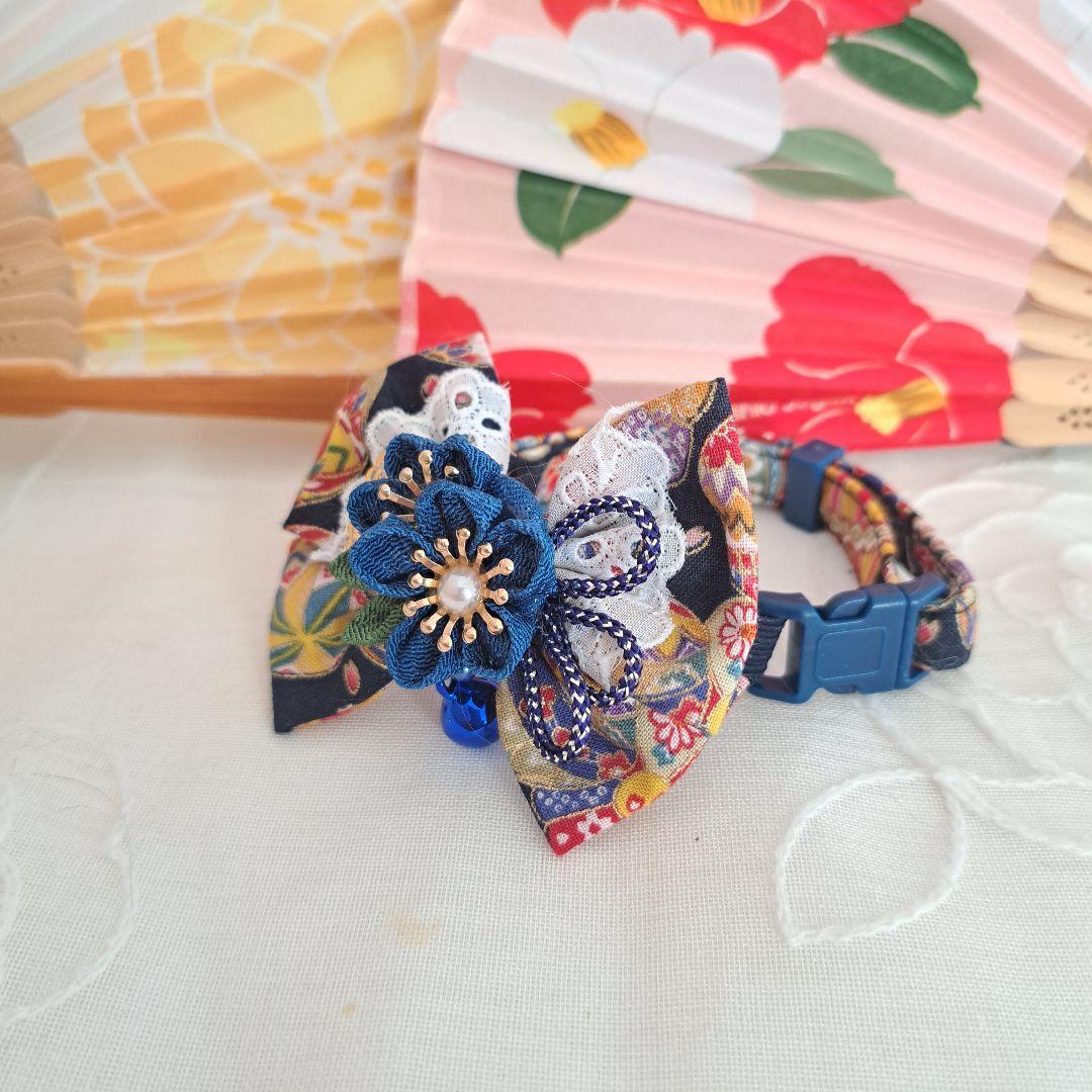 お正月、つまみ細工リボン(青③)わんちゃん猫ちゃん用首輪