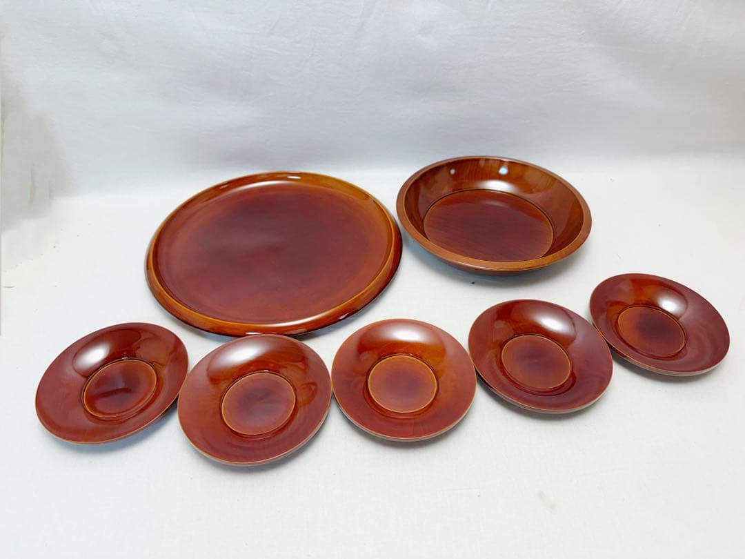 未使用 茶道具 木製漆器 飛騨春慶塗 丸盆 欅 小判形盆 等4点まとめて 元箱