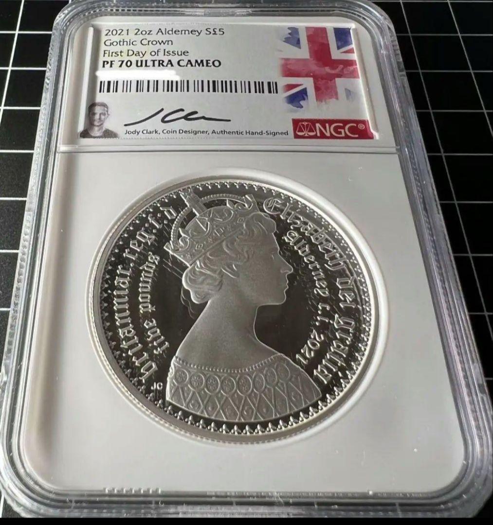 2オンスピエフォー2021年ゴチッククラウンPF70UCオルダニー銀貨NGC5£