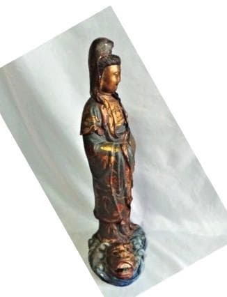 【 明治龍乗観音（騎龍観音) 】　49.8ｃｍ　金彩色絵真鍮像