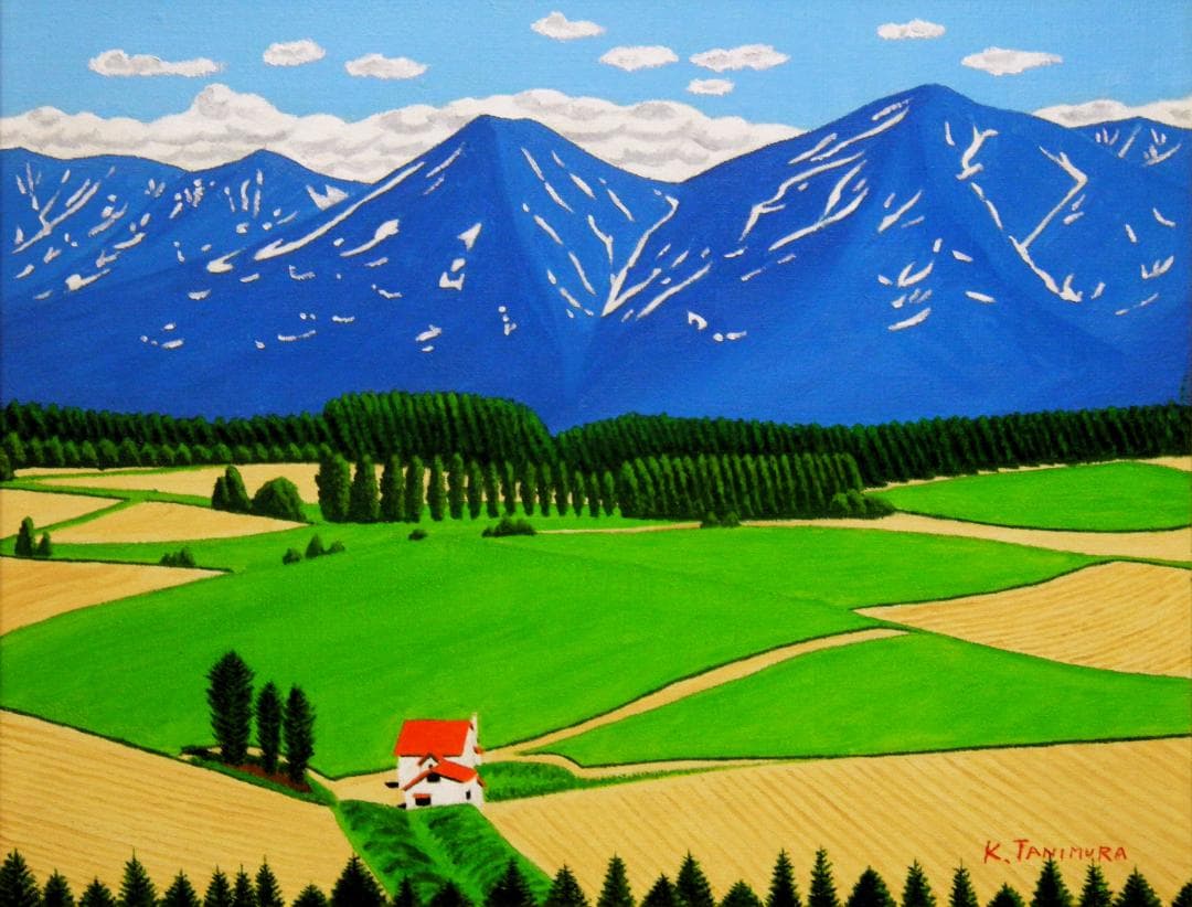 ★十勝連峰と赤い屋根の家・肉筆油彩画・F6キャンバス