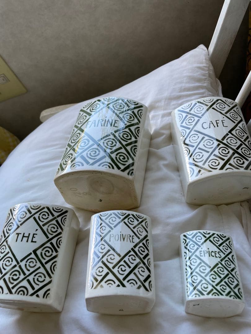 フランス　アンティーク 陶器キャニスター　5個　オリーブ色　モス　グリーン　レア