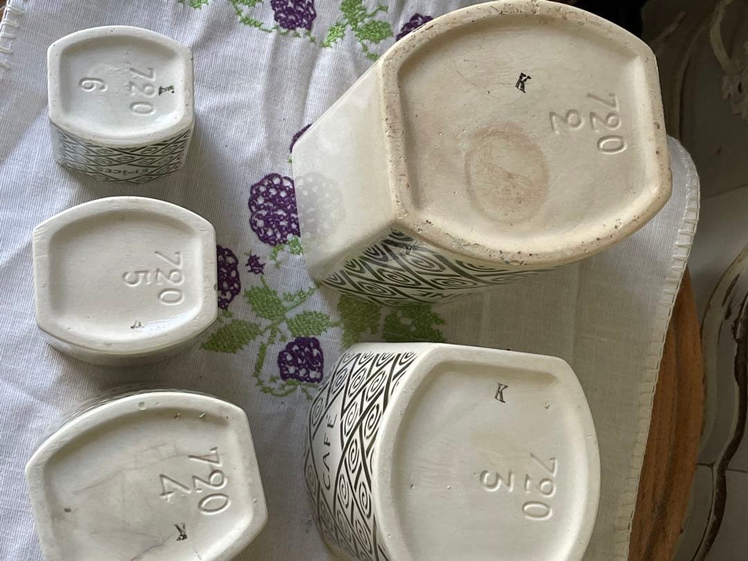 フランス　アンティーク 陶器キャニスター　5個　オリーブ色　モス　グリーン　レア