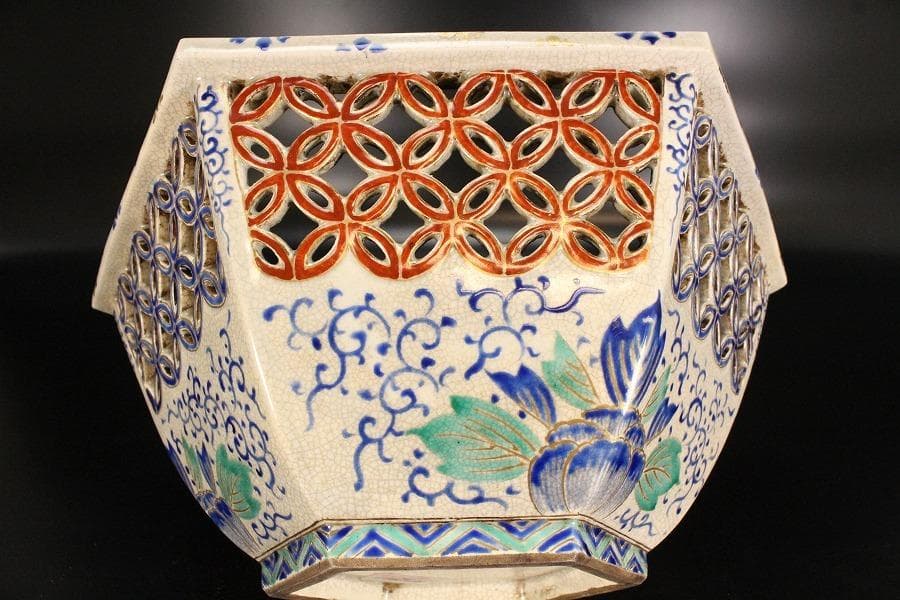 名品 古清水 色絵 透かし 六角鉢 京都個人蔵 茶道具伝来