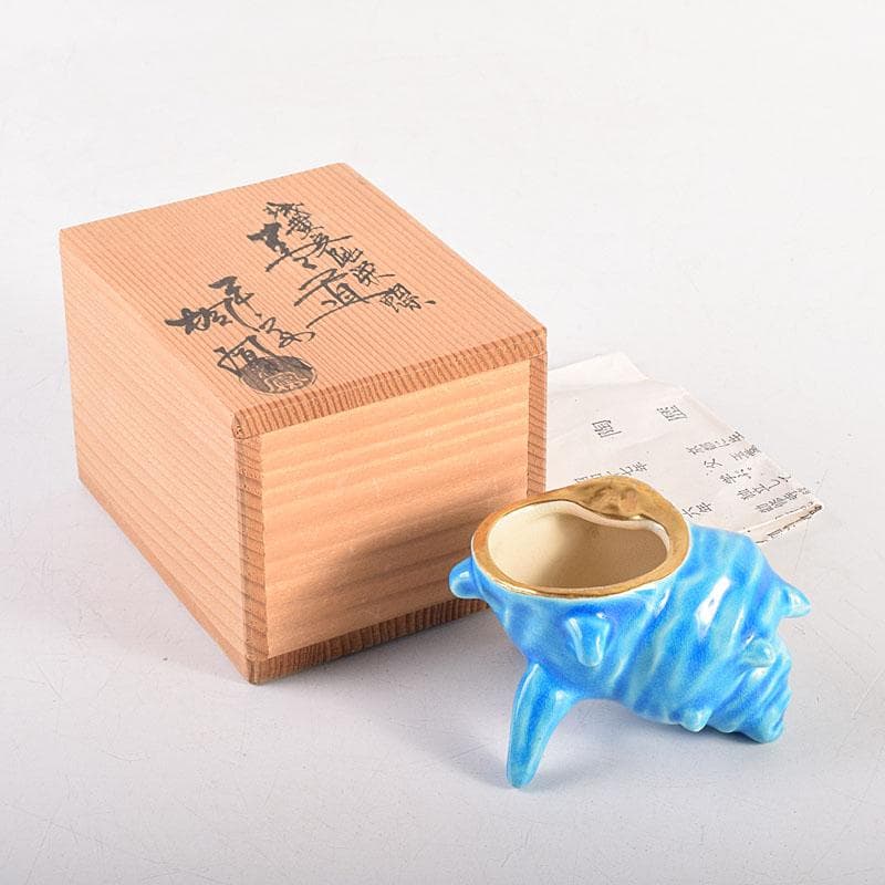 茶道具　平安　手塚桐鳳造　浅黄交趾栄螺　蓋置　共箱　V　8362