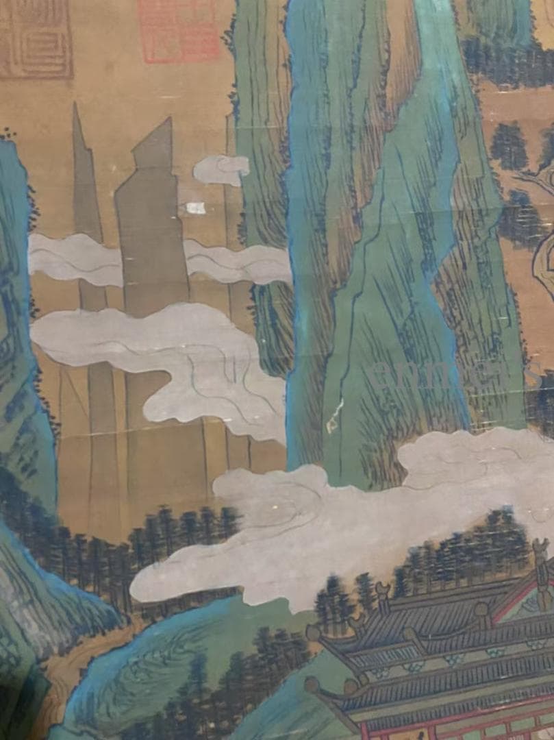 中国古美術 宋代 王希孟款 山水図 掛軸 絹本 肉筆 唐物 古画 書道 名家