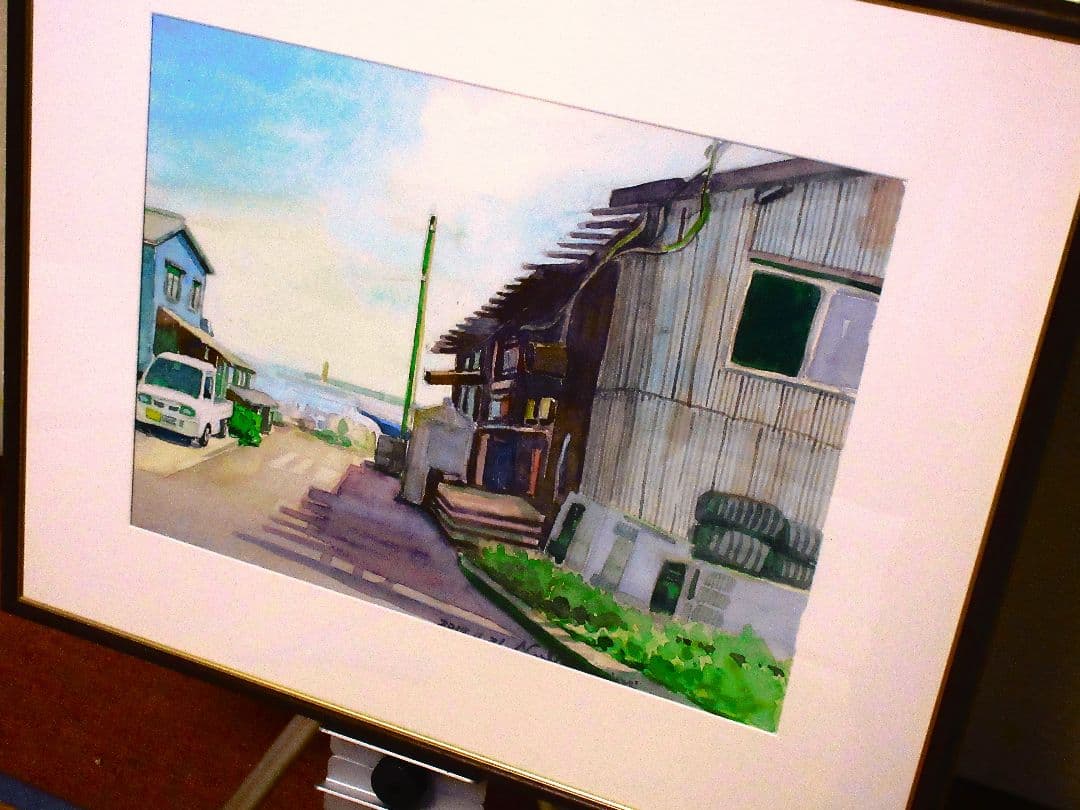 水彩画 漁港の街並 額装済み F6サイズ 原画
