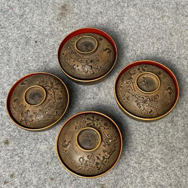 会津塗鉄錆塗木製蒔絵富士山吸物椀4個[B34145]