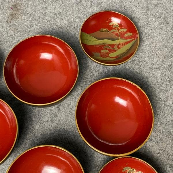 会津塗鉄錆塗木製蒔絵富士山吸物椀4個[B34145]