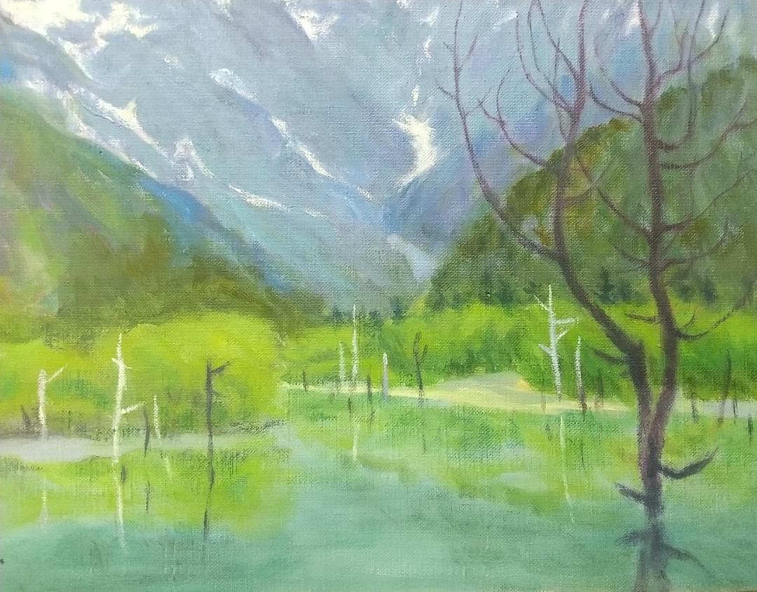 「上高地」1977 S52 F8 油絵 油彩画 絵画 アート 風景画 穂高