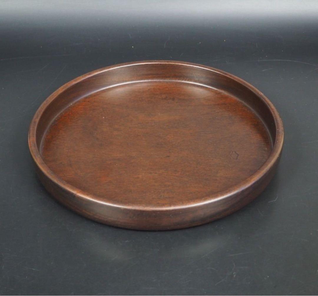 送料無料　時代物　重厚特大唐木刳貫丸盆・唐木刳貫煎茶盆　重939g