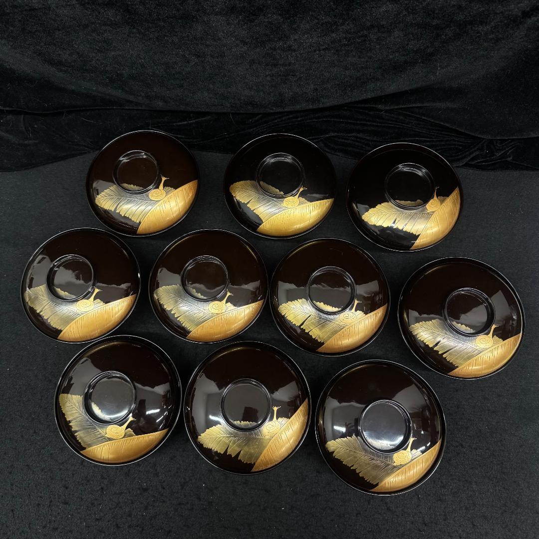 木製漆塗 蒔絵 吸物椀５客 時代物 輪島塗 漆器　葉っぱ　カタツムリ共箱