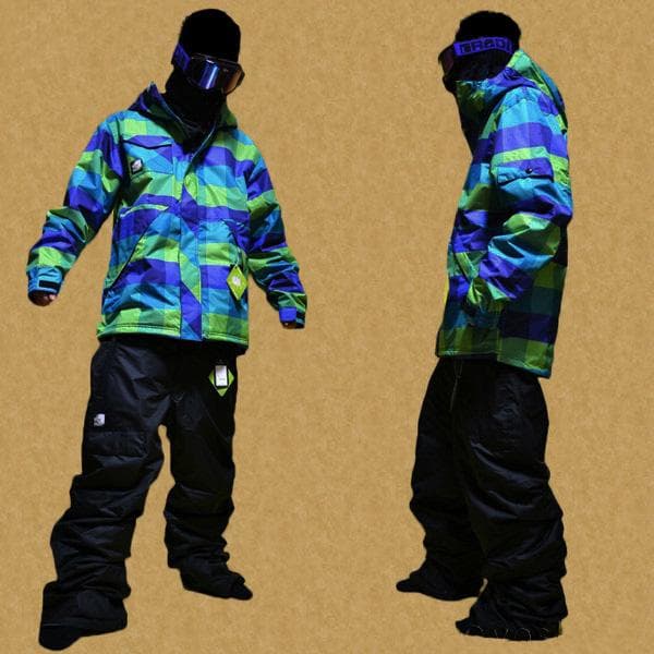 ■WH■スノーボード ウェア上下セットアップ■緑青チェック /黒■Mサイズ