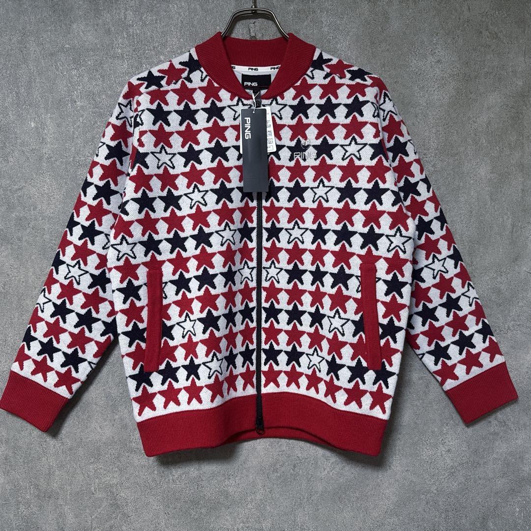 【新品】 PING ピン 総柄 星 ウール混 ニット ジャケット レッド L
