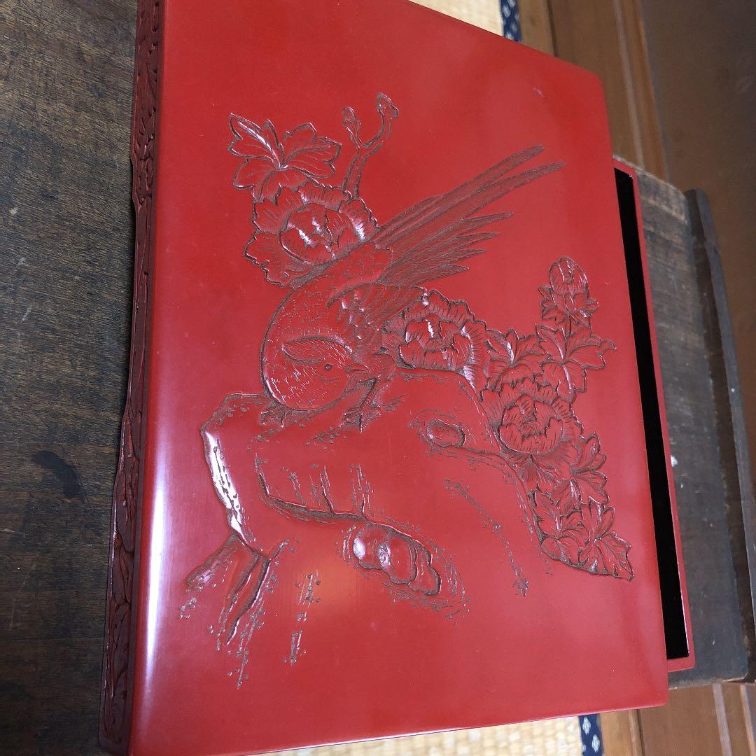 村上堆朱 硯箱 鶯に牡丹紋 共箱付