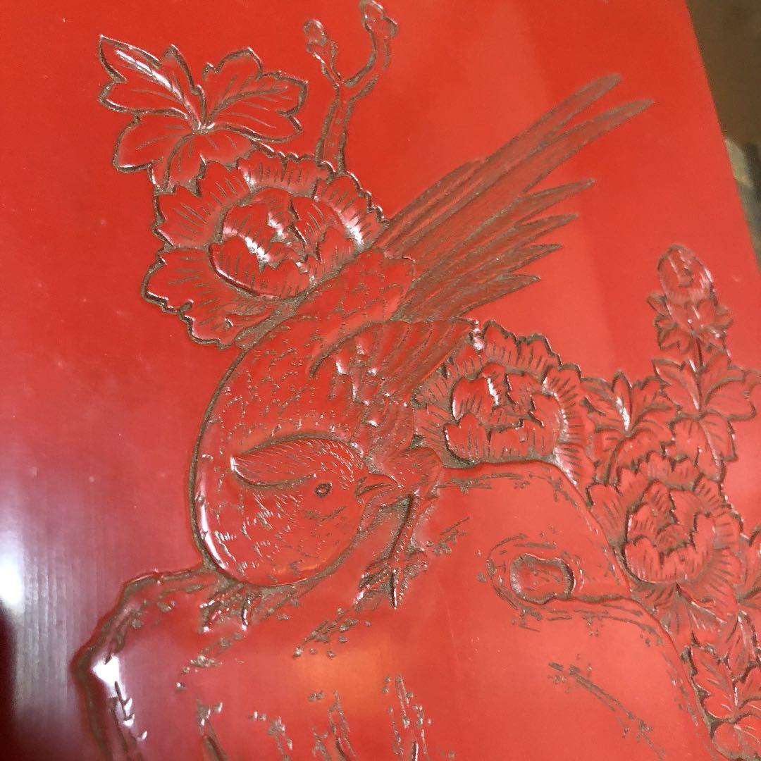 村上堆朱 硯箱 鶯に牡丹紋 共箱付