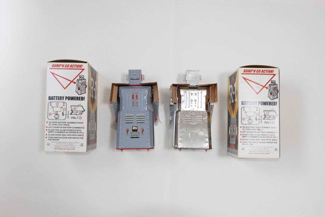 R-1ブリキ シルバーロボット2体セット（ブリキおもちゃロボット