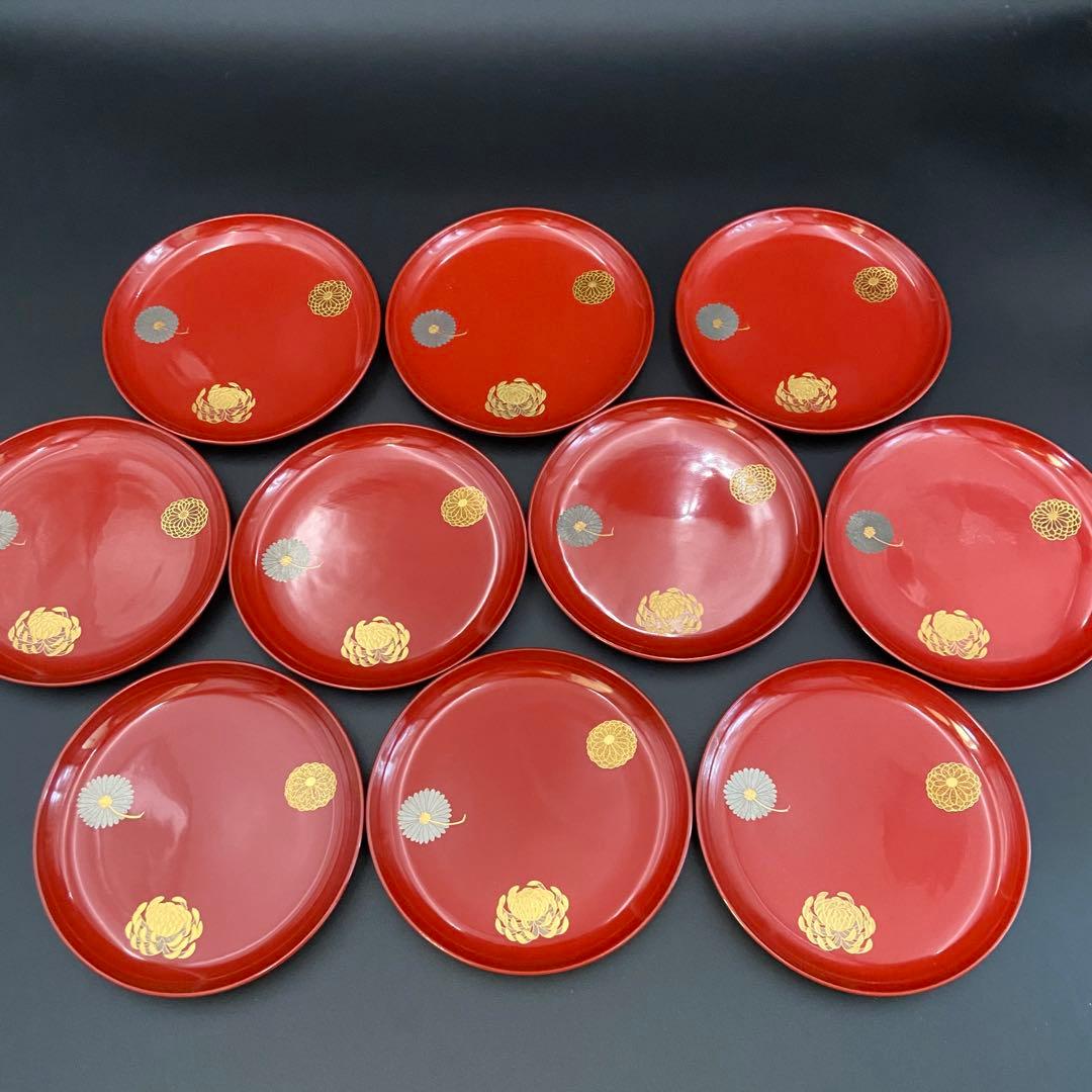 京都 平安象彦 菊 銘々盆 菓子皿 漆器 10客 共箱 菓子器 茶道具 雛祭り