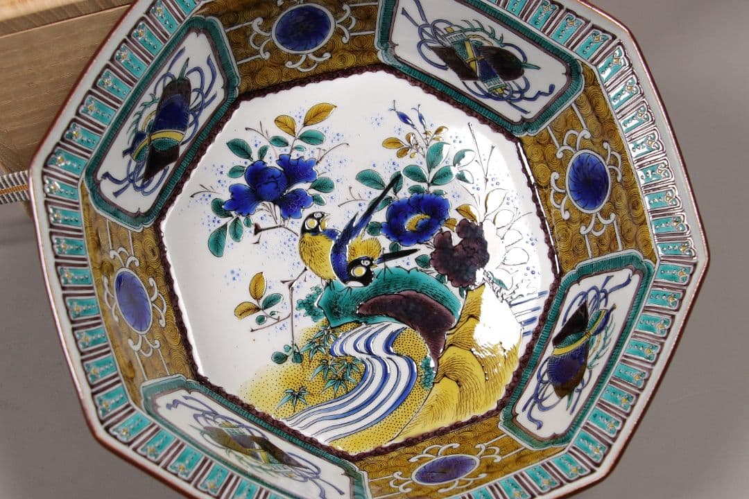 九谷焼 宮本忠夫「色絵九谷花鳥図・菓子鉢」共箱 八角鉢 陶芸 M977
