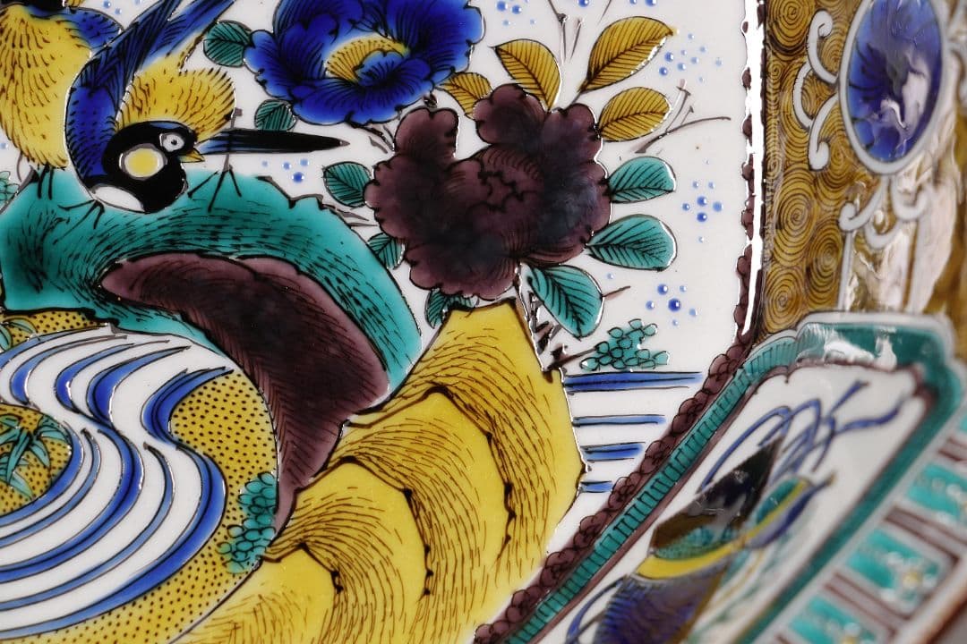 九谷焼 宮本忠夫「色絵九谷花鳥図・菓子鉢」共箱 八角鉢 陶芸 M977