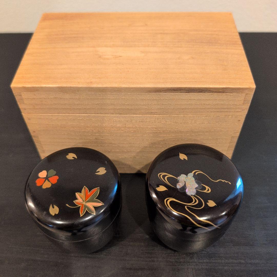 茶道具　桐柾茶通箱　木製漆棗二点　計三点