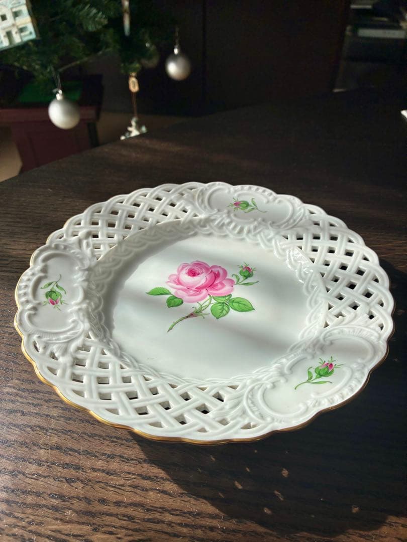 マイセン　ピンクローズ　21cm レース　プレート 金彩エッジ