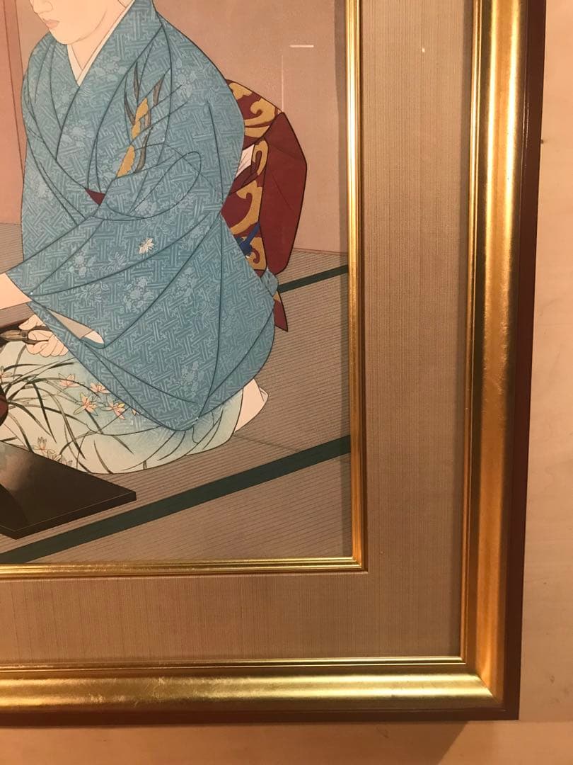 伊東深水　「菊を活ける」　木版画　作品証明シール・摺り工程表有り